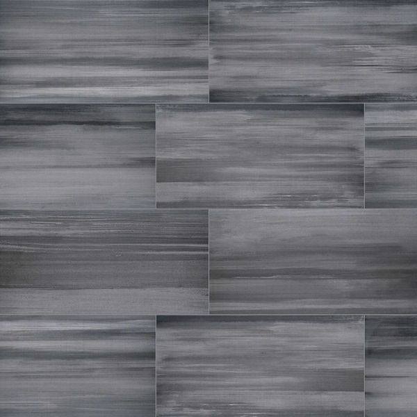 Water Color Graphite 12 In. X 24 In. Glazed Porcelain Floor And Wall Tile, 6PK